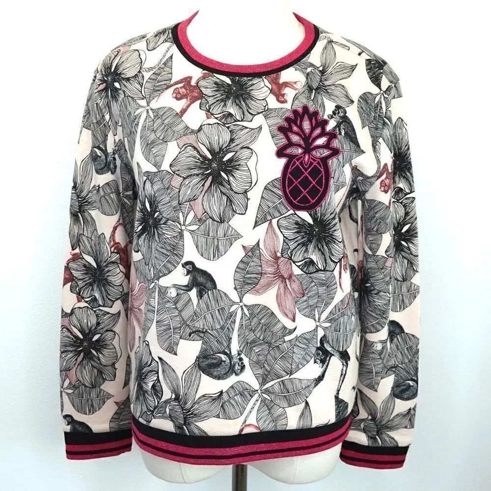 Maje Teresa Tropical Print Sweatshirt in Multi White with Black and Pinks Print
